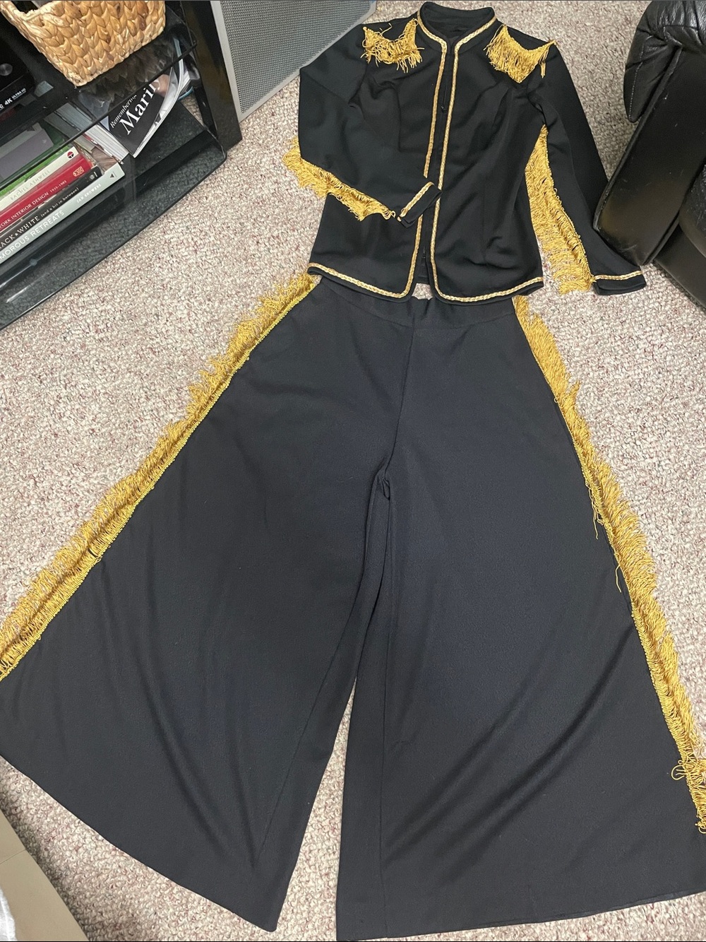 Vintage 70s Black Wide-Leg bell bottom gold Braid/Fringe-Trim pantsuit